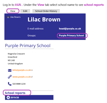 Log in to EGfL go to the view tab and select your school name to view school reports